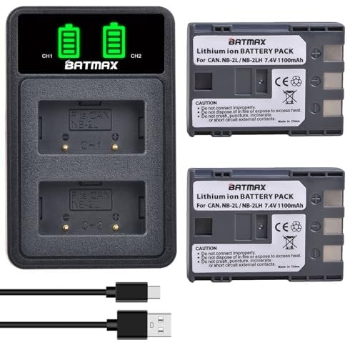 Batmax 2Pcs NB-2L NB-2LH Battery + Built-in USB LED Charger for Canon PowerShot G7 G9 S80 S70 S60 S50 S45 S40 S30, Canon DC410 DC420 EOS 350D 400D Digital Rebel XT XTi, VIXIA HF R10
