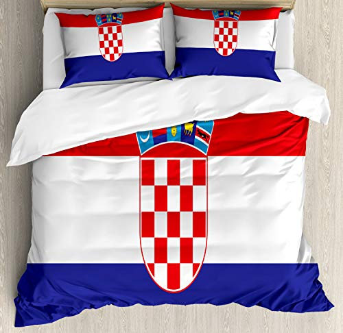 ABAKUHAUS Kroatien Bettbezugs Set Für Doppelbetten, Einfaches Design Flagge Druck, Milbensicher Allergiker geeignet mit Kissenbezügen, 200 x 200 cm, Indigo Weiß