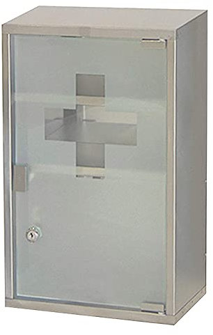 HS-Lighting Medizinschrank Arzneischrank Edelstahl Erste Hilfe Schrank Medikamentenschrank abschließbar Hausapotheke mit Glas Tür und Schloss Tip –on Automatik 45ⅹ30ⅹ12 cm (Silber-3 Fächer)
