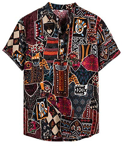 NEWISTAR Leinenhemd Herren Kurzarm Sommerhemd Henley Hemd Kuba für Männer Stehkragen Casual Slim Fit Freizeithemd Baumwolle Muster Hemden Retro Hawaiihemd Braun,3XL