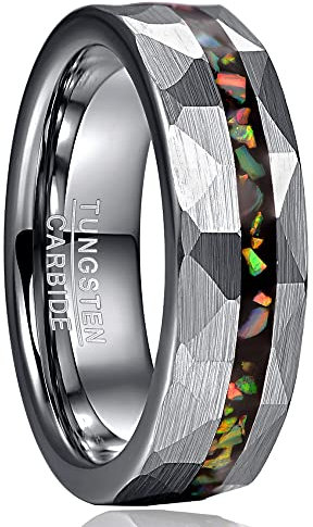 Cloyo Ringe Herren/Damen Grau Wolfram Ringe Gehämmert Eheringe Bunte Opal Verlobungsringe 6mm Comfort Fit Größe 54.4 (17.3)