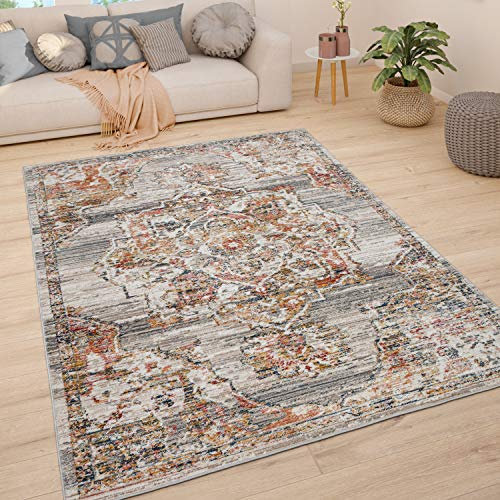 Paco Home Teppich Wohnzimmer Kurzflor Schlafzimmer Moderne Vintage Orient Ornament Muster Pastell Bordüre, Grösse:120x170 cm, Farbe:Grau 3