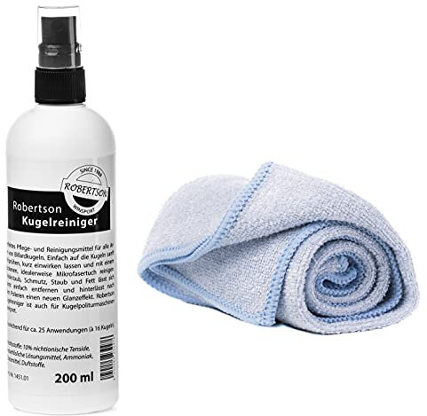 Robertson Billard Kugelreiniger 200ml inkl. Mikrofasertuch | Reinigungsset, Glanzeffekt, Billardpflege, auch geeiget für Poliermaschine
