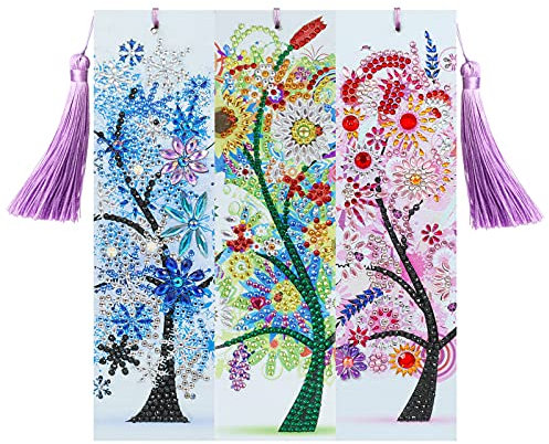 VETPW 3 Stück 5D DIY Bunter Baum Diamant Malerei Lesezeichen Kit für Abschluss Geburtstagsgeschenk, Diamond Pasted Painting Bookmark, Diamant Stickerei Malerei Quaste Leder Lesezeichen Set