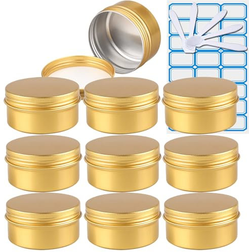 ZEOABSY 10 Pezzi Barattoli di alluminio 80ml a Vite Oro Scatola in Alluminio Forma Rotondo, Vasetti per DIY Candele Cosmetico Caramella Gadget Balsamo Labbra, 1x Etichette e 5x Spatola