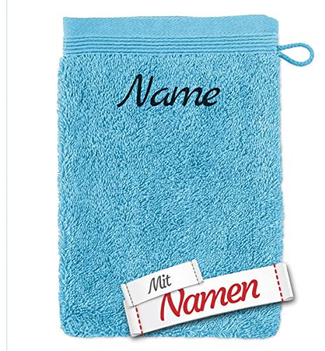 möve Superwuschel Waschhandschuh mit Namen Bestickt, Turquoise Türkis Blau Baumwolle Frottee, Waschlappen besticken Lassen, Waschtuch personalisiert