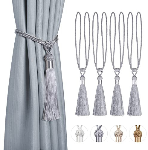 Dalababa 4 Stück Vorhanghalter Raffhalter Gardinenhalter Polyester Baumwoll Seil mit Quaste Vorhang Tiebacks Dekorative Fenster Einfarbig Gardinen Zubehör,Grau