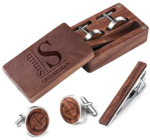 Manschettenknöpfe-Set für Herren, Hochzeit, Manschettenknöpfe, Krawattenhalter, mit Geschenkbox, Herren, Walnuss, Holz