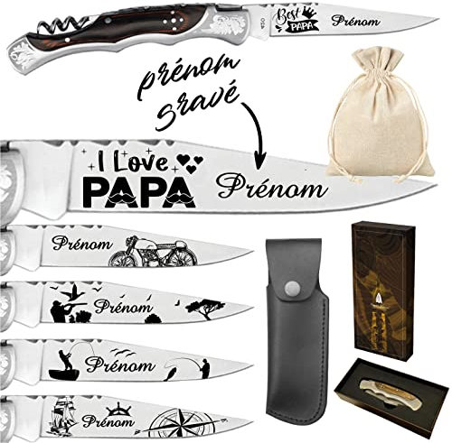 Couteau avec Tire Bouchon Marque Laguiole Bougna personnalisé avec dessin et prénom gravé - Cadeau pour homme : fête des pères, papa, papi, papy anniversaire, noël
