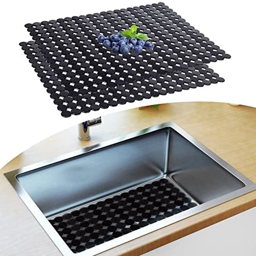 Kitchen Sink Mat - 2Pack Adjustable Sink Protector Mat for Kitchen Ceramic/Stainless Steel Sink - Fast Draining Sink Mats for Bottom of Kitchen Sink - Easy to Clean & DIY Cut (Black)