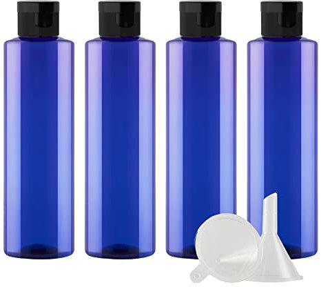 ZEOABSY 4 Pieces Empty 250ml Blue Plastic PET Bottles with Black Flip Cap, Flat Shoulder Cosmetic Bottle for Travel Gel Soap Toner Refillable Sample Containers