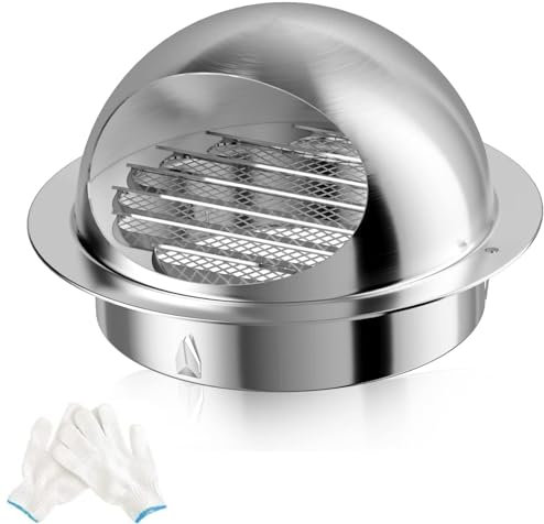 Hon&Guan 100mm Bull Nose External Vent 304 Stainless Steel 4 Inch Extractor Fan Vent Grille with Louvres Flyscreen and Gloves Round Air Vent Covers for Wall