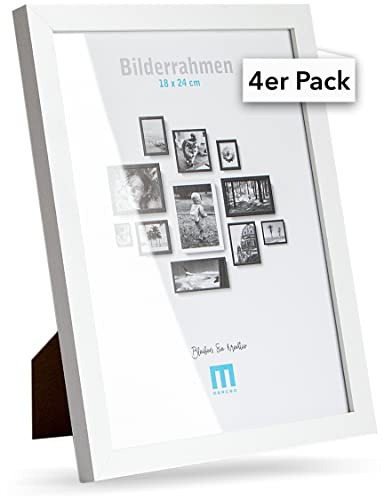 M MERCEO 4 Stk. Bilderrahmen 18x24cm in weiß aus MDF, minimalistisch & modern für Fotos & Bilder. Inkl. Acrylglasschutz. Eignet sich als Tisch-Aufsteller und für die Wand, Hochformat oder Querformat.
