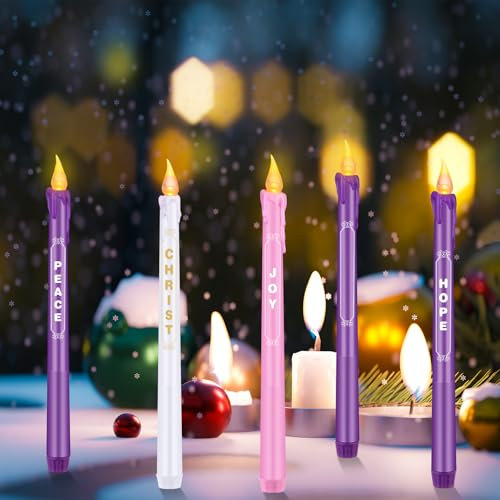 Kathfly 5 Pieces LED Flameless Advent Candle Set Christmas Battery Operated Candles with Words Hope Peace Joy Tall Catholic Pink White Purple Taper Candles for Church Advent Wreath Rituals