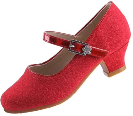 EIGHT KM Girls High Heel Dress Shoes Mary Jane Princess Wedding Party Pump Shoes EKM7015 Sparkle Glitter Minerva Red 9 UK Toddler