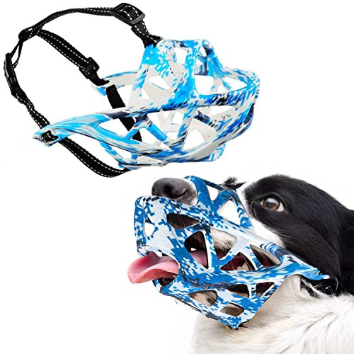 Dog Muzzle Soft Rubber Basket Breathable Muzzles Adjustable Straps for Small Medium Large Dogs Allow Drink Water and Panting Anti-Biting Prevent Chewing Barking Fighting Pet Mouth Cover (M,Blue White)