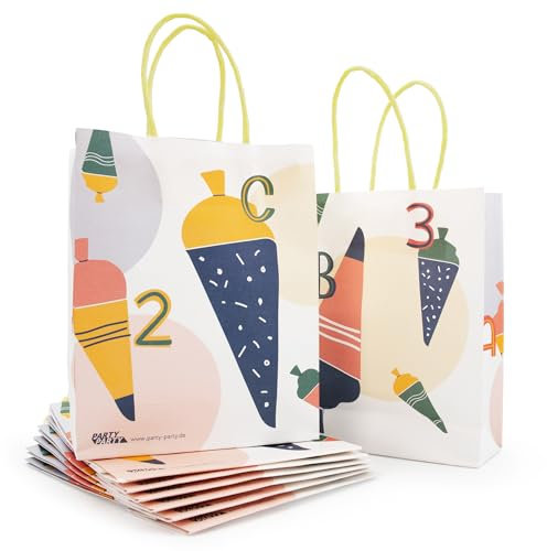 PARTY PARTY 8 bunte Einschulung Geschenktüten Schulanfang Jungen Mädchen, umweltfreundliche Schultüten bunte Zuckertüte, Schulkind, ABC Motiv für Mitgebsel Süßigkeiten, Gastgeschenke