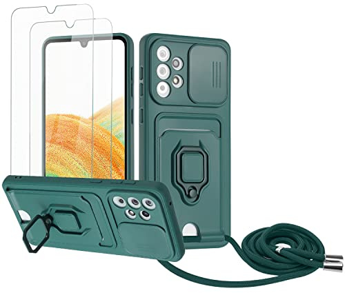 Zallagre Handykette Hülle kompatibel mit Samsung Galaxy A33 5G.[2 Stück] Schutzfolie Glas,Kameraschutz,360 Grad Ringhalter Stand,Kartenfach,Silikon hülle-Dunkelgrün