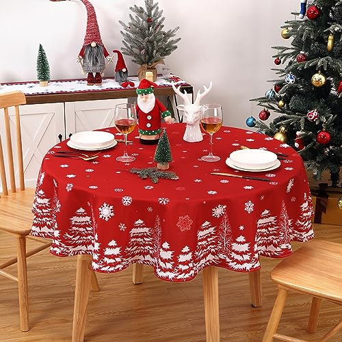 CAROMIO Rote runde Weihnachtstischdecke, abwischbar, mit Schneeflocken-Kiefernmuster, wasserabweisend, Tischdecke für Weihnachten, Neujahr, Dekoration, Weihnachten, Party, Heimdekoration, Durchmesser