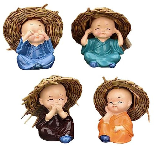 UPKOCH 4 Buddha-Mönchsstatuen 4 Miniatur-Mönchsfiguren Nichts Böses Hören Nichts Böses Sehen Nichts Böses Sagen Nichts Böses Tun Statue Kleiner Kung-Fu-Mönch Mit Strohhut Für