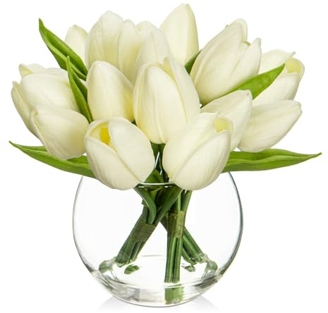 Oairse 14 flores artificiales pequeñas en florero, tulipanes sintéticos de tacto real, flores en cubo, jarrón de cristal con agua sintética, mini ramo de tulipanes blancos para decoración del hogar,