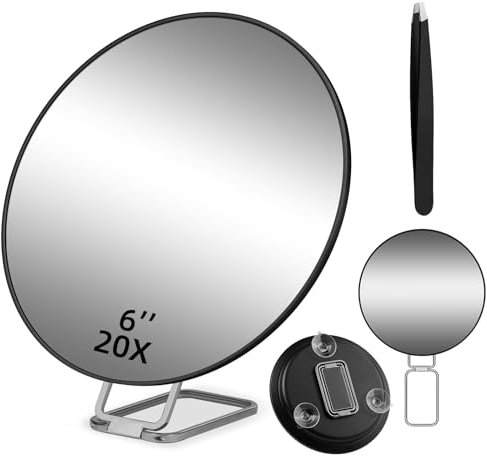 JADAZROR 20-Fach Lupenspiegel mit 3 Saugnäpfeln und 360 ° Einstellbarer Ständer, 15cm kompaktes Make-up-Spiegel mit 20-facher Vergrößerung, Handheld-Reise-Lupe-Spiegel mit Pinzetten