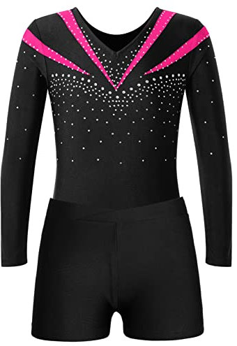 Jugaoge Mädchen Turnanzug Strasssteine Gymnastikanzug Langarm Trikotanzug mit Bein Sport Yoga Fitness Training Shorts Kurze Hose Tanz Kleidung Set Hot Pink 146-152