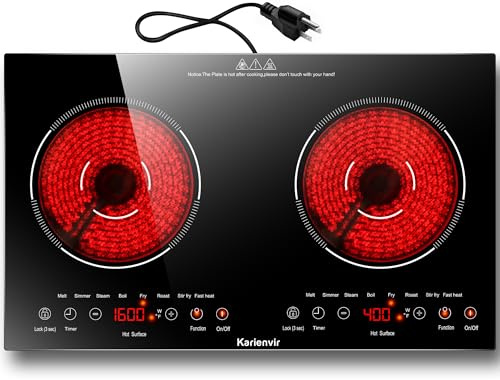 Karienvir 2 Burner Electric Cooktop 110v, 2000W Electric Stove Top Countertop & Built-in, Plug-in Electrics Cooktop 24 Inch, 8 Power Levels & 8 Functions, Touch Control, Safety Lock, Timer, Karienvir