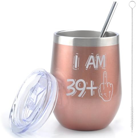 40 cumpleaños Copa de vino de acero inoxidable para mujeres, 40 cumpleaños para mujeres, copas de vino de 12 oz con tapa, paja y cepillo de pajita, taza de café para regalo de cumpleaños Navidad