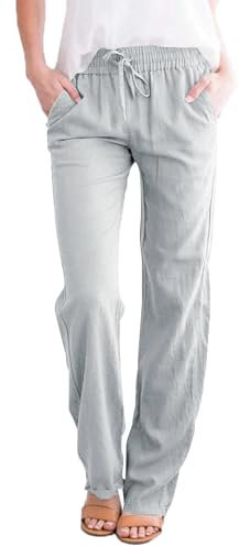 Leinenhose Damen Hose Sommer Musselin Leinen Hosen Stoffhose Einfarbig Freizeithose Gerade Geschnitten Strandhose Sommerhose mit Taschen (Hellgrau, M)