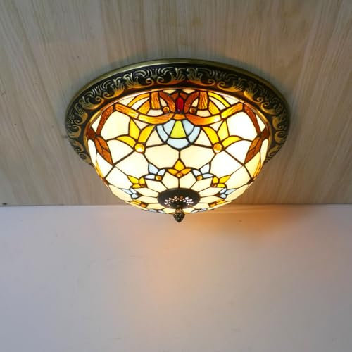 Tiffany Vintage Küche Lampe Deckenleuchte Glass Barock Wohnzimmer Deckenlampe E27 für Bar Flur Schlafzimmer Badezimmer Esszimmer Arbeitszimmer Retro Beleuchtung (40cm)