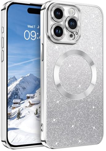 DUEDUE iPhone 15 Pro Hülle Glitzer 6.1'', Handyhülle Mit Mag-Safe Magnetische Stoßfeste Schutzhülle, Soft TPU Silber