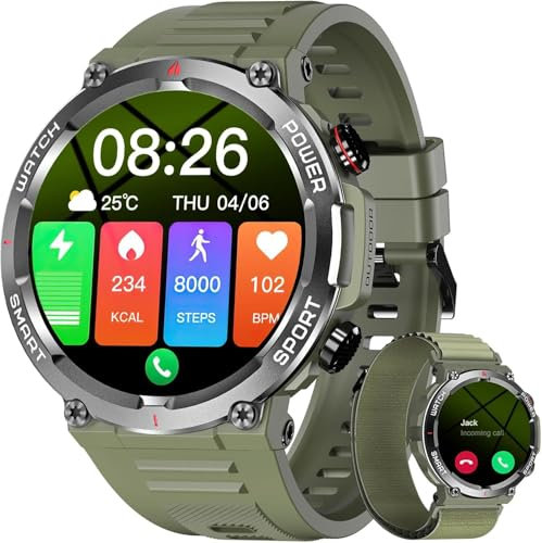 IOWODO Smartwatch Uomo,Orologio Fitness Chiamate Bluetooth,Smart Watch Militari Tracker con Cardiofrequenzimetro,SpO2, Monitoraggio del Sonno,100+ Modalità Sport Compatibile Android iOS (2 Cinturini)