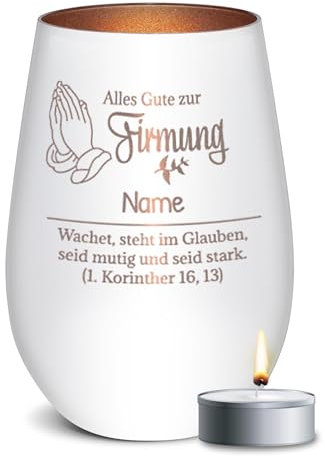 PR Print Royal Weißes Windlicht mit Gravur - Alles Gute zur Firmung - mit Name Personalisieren - Geschenke zur Firmung, Firmungsgeschenke | inkl. Teelicht, 450 ml, Innen Bronze