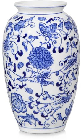 Keramik Vase Weiß und Blau für Blumendekoration Blumenvasen Deko Vase für Pampasgras Blumen, Tischdeko, Trockenblumen Deko Vasen für Wohnzimmer, Bürodeko, Modernes Dekoratives Vasen