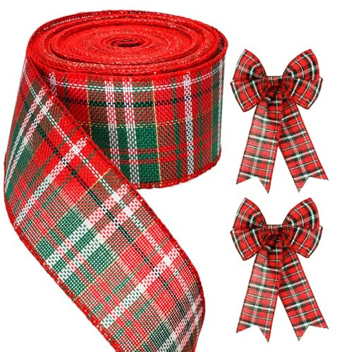 G2PLUS Rot Grün Weihnachten Juteband mit Draht, 6CM Breit Geschenkband zum Basteln, 10M Kariertes Sackleinen Band, Weihnacht Dekoband Verdrahtet für Geschenk, Weihnachtskranz, Weihnachtsbaum