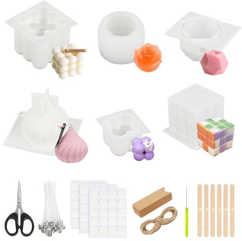 Stampi per Candele 8 Pz 3D Stampi in Silicone per Candele, Palline e Rose 3D Stampi in Silicon, 6 Design di Forme per Decorazione Fai da Te e Candele Profumate Con Stoppini Etichette e Altri Accessori