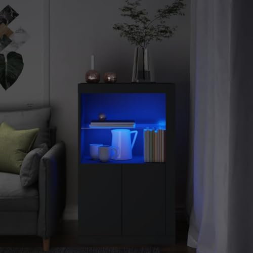 LVHUIDEH Beistellschrank mit LED-Leuchten und Glasablage, Lagerschrank, Vitrinenschrank, Mehrzweckschrank, Bücherregal, Modernen Look, für Schlafzimmer Wohnzimmer, 60,5 x 37 x 100 cm Holzwerkstoff