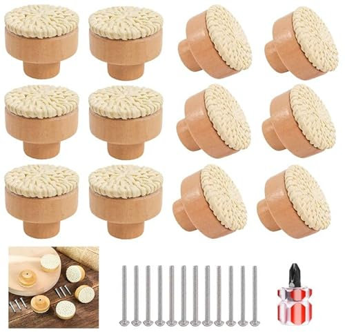 MOSNOW 12 Stück Möbelknöpfe Holz,Rattan Boho Deko Schränke Möbelknöpfe mit Schrauben Schraubendreher und Befestigungsschrauben,Weiß Rattan Schrankgriffe Rund für Schränke,Möbeltüren und Schubladen