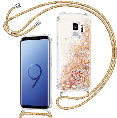 Xiltlly handyband für Samsung Galaxy S9 Hülle mit Band, Glitzer Flüssig Durchsichtig Transparent Silikon Handyhülle mit Kette Kordel zum Umhängen Necklace Stoßfest Kratzfest Schutzhülle, Gold