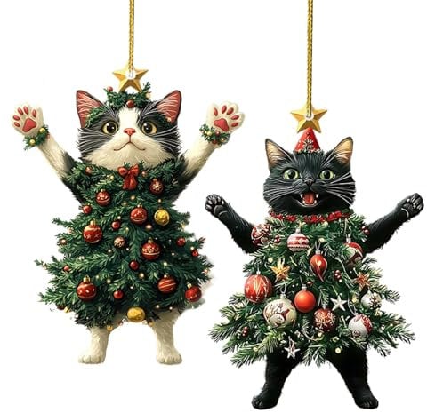 2 Pieces Cat Christmas Tree Ornaments - Kittens Wearing Trees, Cat Charm Hanging Ornaments for Christmas Tree, Car, Bag