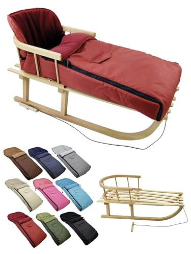 BambiniWelt Holzschlitten mit Rückenlehne & Zugseil + Winterfußsack 108 cm – warmes Thermofleece, wasserabweisend – Kombi-Set für Kinderwagen & Buggy, Farbe: bordeaux