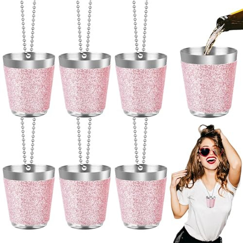 Begpoee 6 Stück Schnapsglas Edelstahl 30ml, Shot Becher Metall zum Umhängen, Schnapsbecher mit Kette, Für Hochzeitsfeiern Karneval Geburtstagsfeier Bachelorette Party(4,2 x 3,7 cm, Rosa + Silber)