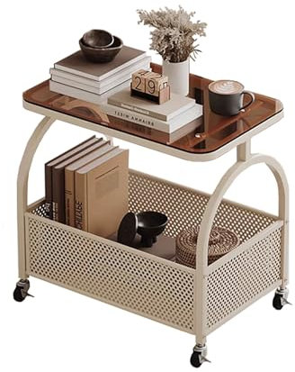 SLDAGe Table Basse avec Bureau en Plateau en Verre et 4 Roues, Table d'appoint à 2 Niveaux Double Rangement,Table Centrale pour Cuisine, Salle de Bain, Salon, Chambre,Blanc