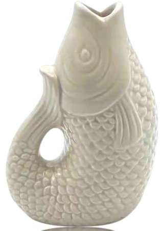 Vase Fisch böhmisch, dekorativ, aus Steinzeug, Symbol für Fülle, Maße 12 cm, Sandfarben