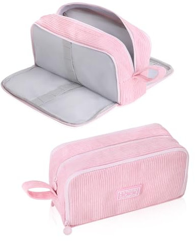 iSuperb Trousse à Stylos en Velours Côtelé Double Ouverture Grande Capacité Pochette Multifonction École/Bureau/Maquillage (22,5×12×8cm) (Rose)