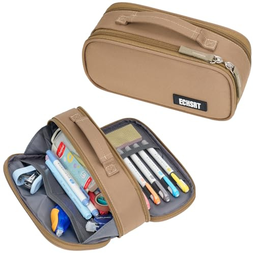 ECHSRT Large Tactical Pencil Case, 3-Compartment Pen Pouch Organizer, Khaki