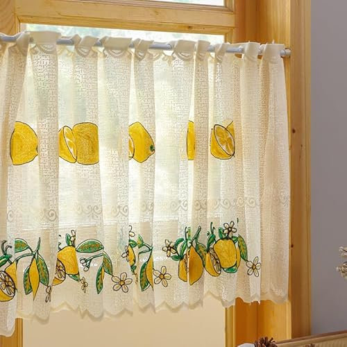 Daliena Scheibengardine Zitronen Stickerei Bistrogardine Spitze Gardinen mit Lochleiste Küchengardinen Modern Lichtdurchlässige Gardinen, Kurze Fenstervorhang (BxH 100x55cm) Beige 1 stück