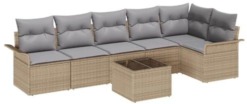 vidaXL 7-teiliges modulares Garten-Sofa-Set mit Kissen und Tisch in Beige und Hellgrau aus Poly-Rattan – perfekte Outdoor-Möbel für Terrasse und Balkon.