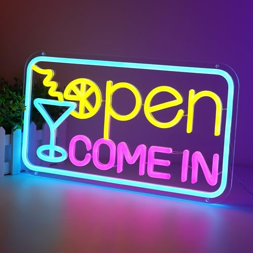 WIOSOUL Offenes-Neonschild, LED-Open-Schild für Unternehmen mit einstellbarer Helligkeit, 36,6 x 20,8 cm, USB-betriebenes hängendes Neonlicht für Schaufenster, Bar, Café, Heimwanddekoration, Geschenk